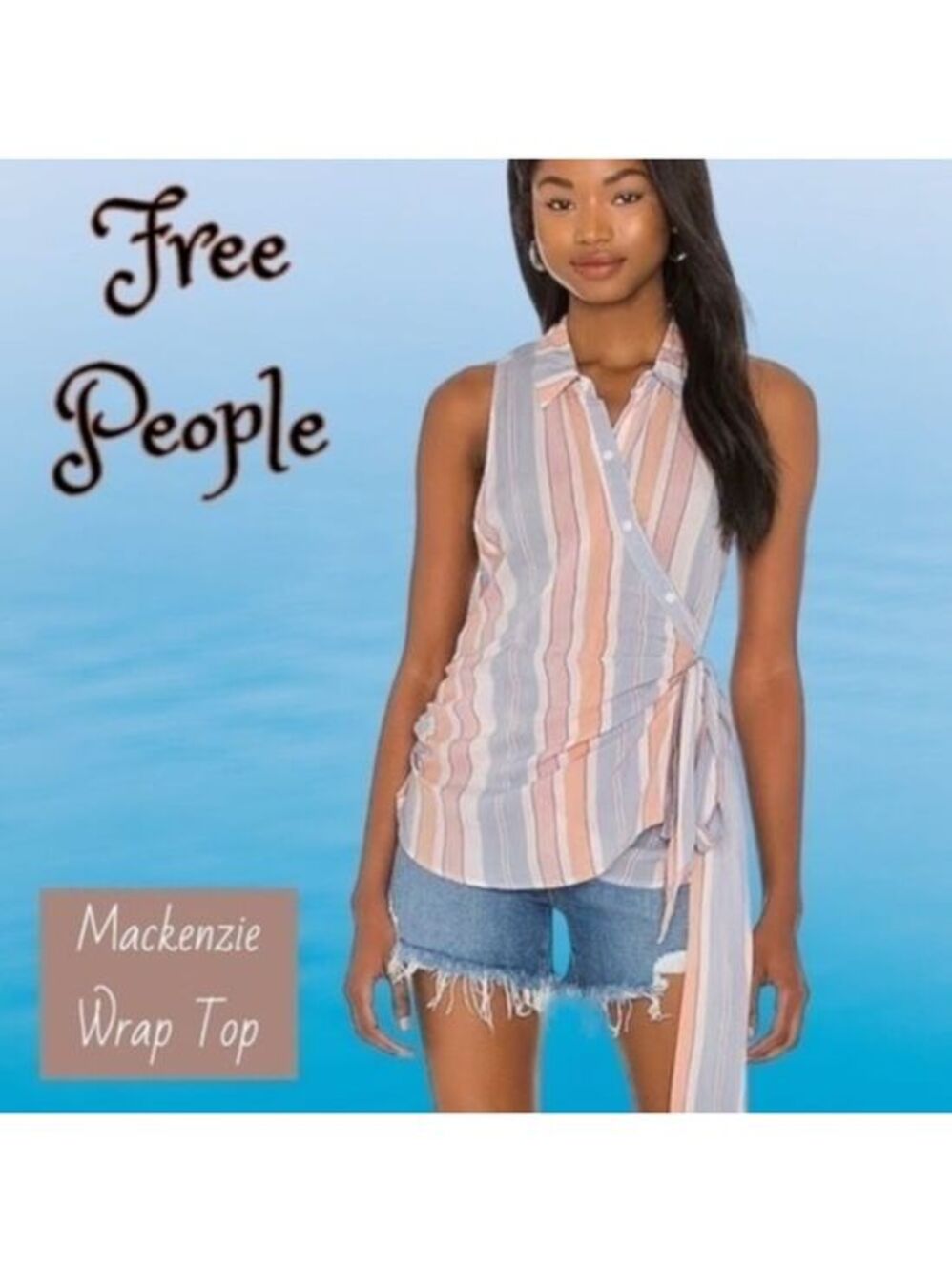 FREE PEOPLE Mackenzie Tie Waist Elastic Back Striped Button-Down Wrap Top NWT/LG